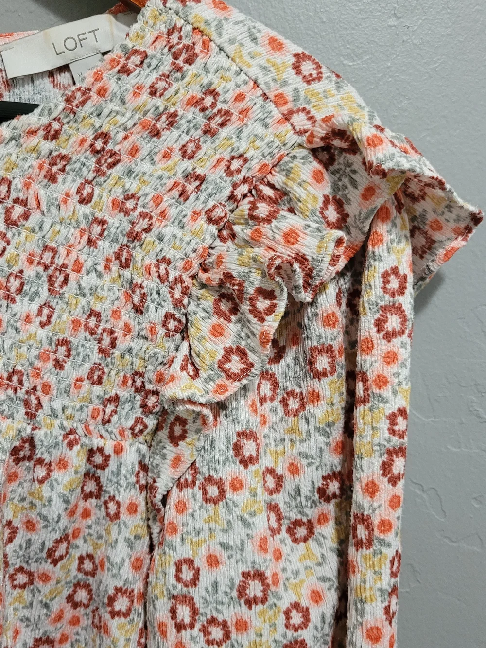 LOFT Cream Floral Smocked Ruffle Long-Sleeve Blouse - Picture 5 of 9